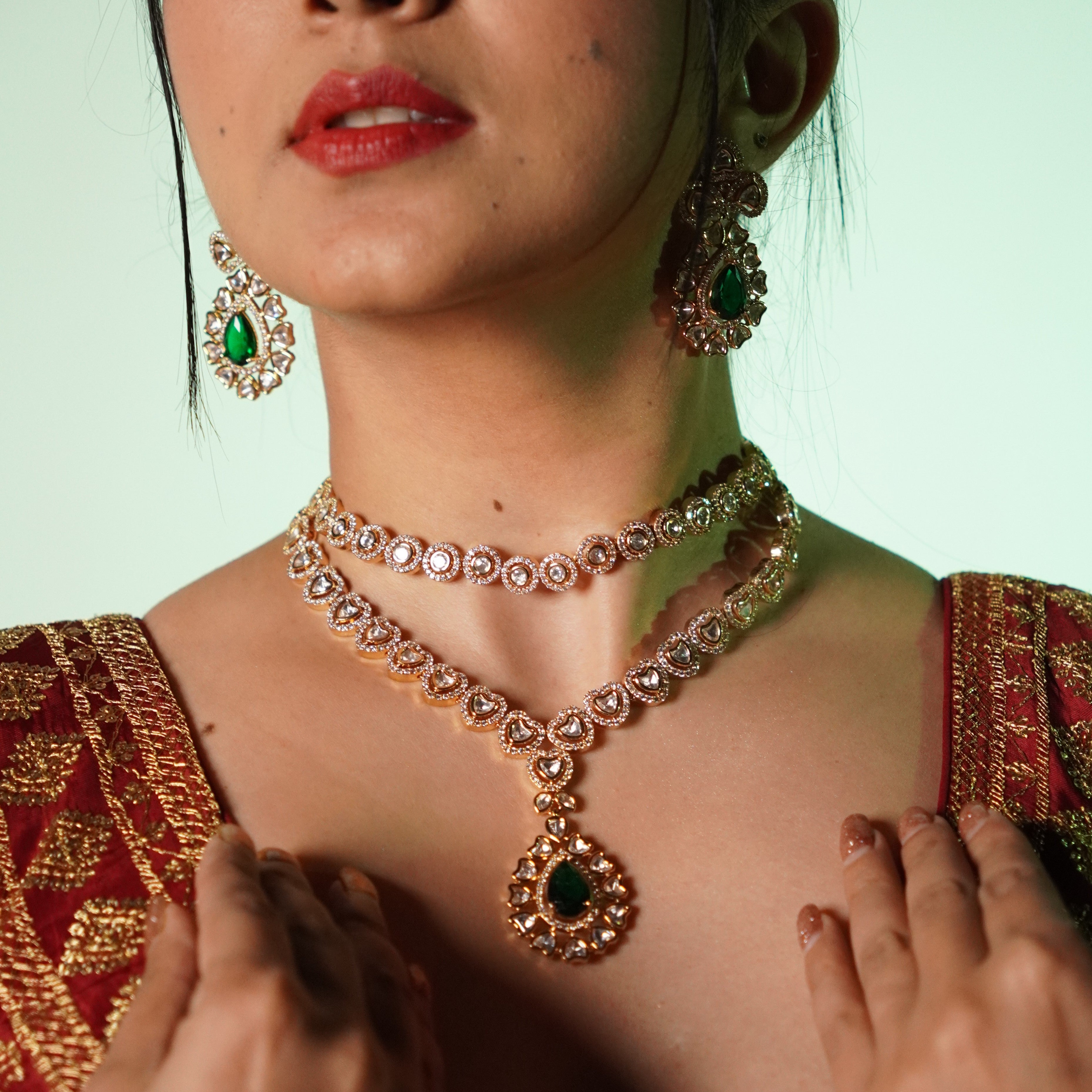 Green Emerald Moissanite Necklace Set-Mivanaa